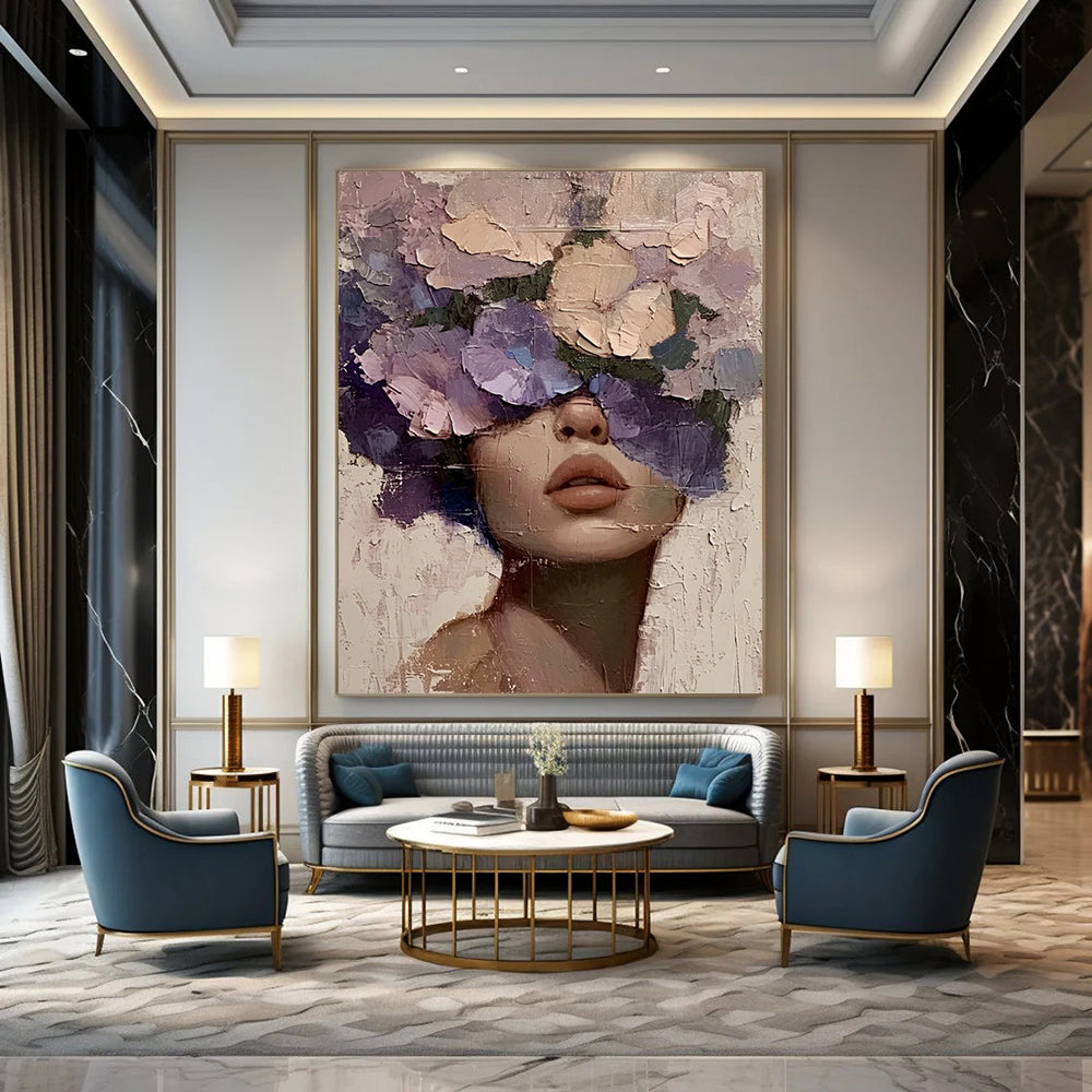 “Purple, Pink, and Beige Floral Face” - Romantic Figurative Painting On Canvas DS329