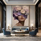 “Purple, Pink, and Beige Floral Face” - Romantic Figurative Painting On Canvas DS329