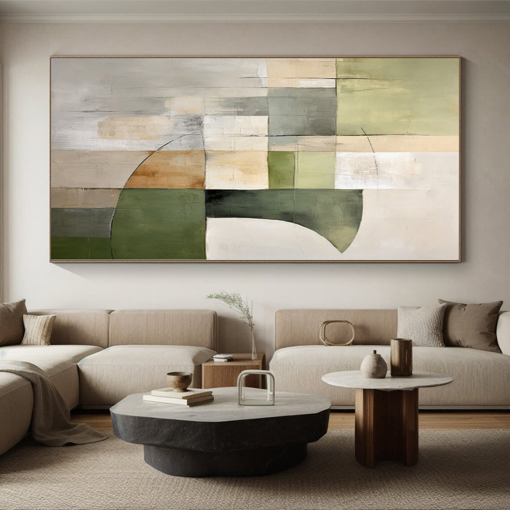 “Green - Gray Geometric Blocks” - Green, Gray Abstract Geometric Painting On Canvas PS0394