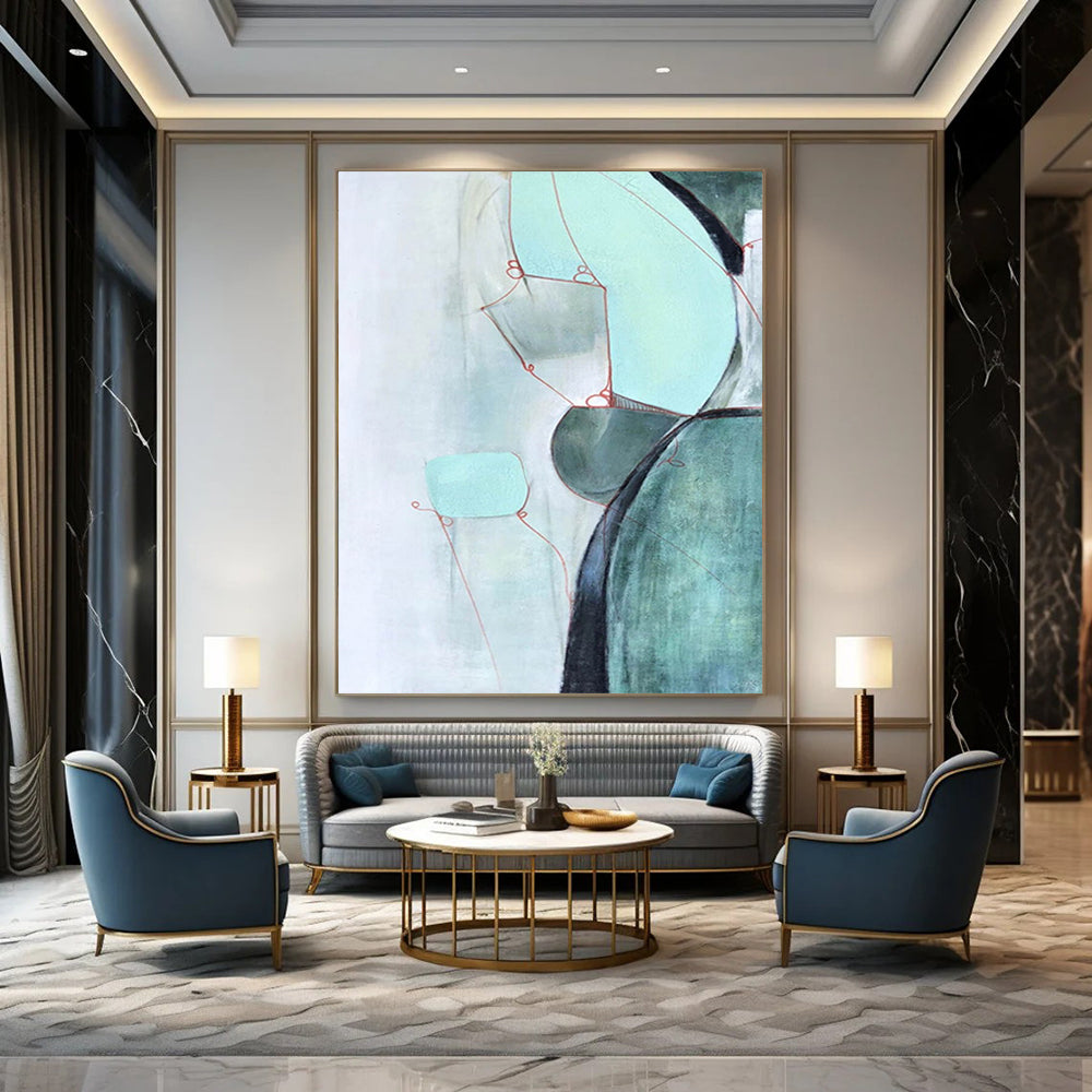 “Soft Green & Red Abstract Forms” - Delicate Shapes in Calming Hues Painting On Canvas DS250