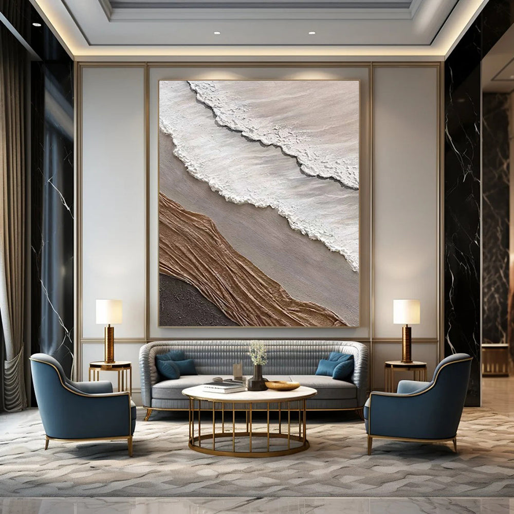 “White, Grey, and Brown Textured Wave Collage” - Mixed - Media Coastal Painting On Canvas DS344