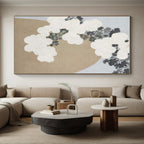 “White Blossoms & Beige Rock” - White, Gray, Beige Floral Abstract Painting On Canvas PS0750