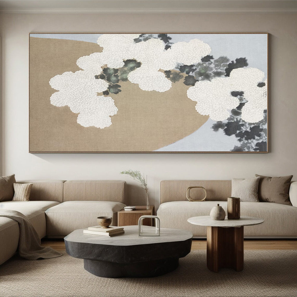 “White Blossoms & Beige Rock” - White, Gray, Beige Floral Abstract Painting On Canvas PS0750