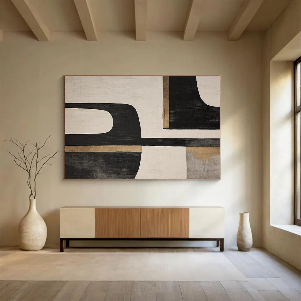 “Black - Beige Geometric Forms” - Abstract Modernist - Painting On Canvas PT1734