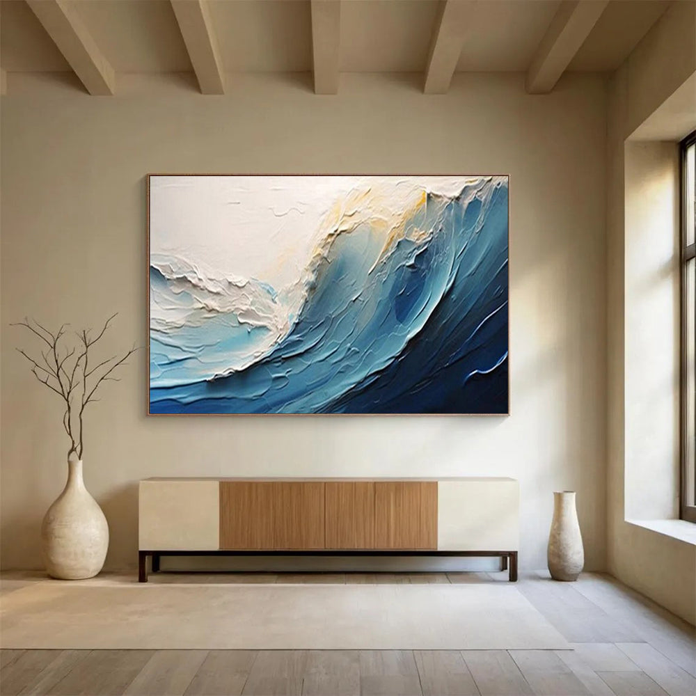 “Textured Blue - White Ocean Wave” - Impasto Seaside Painting On Canvas PT1558
