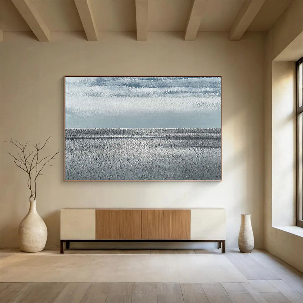 “Monochrome Sea Horizon” - Gray & Blue Abstract, Minimalist Oil Painting On Canvas DKS749