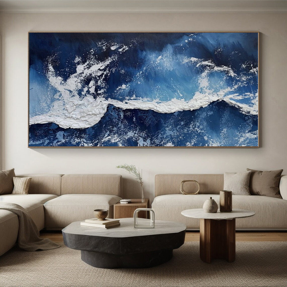 “Blue & White Ocean Currents” - Blue, White Abstract Seascape Painting On Canvas PS0669