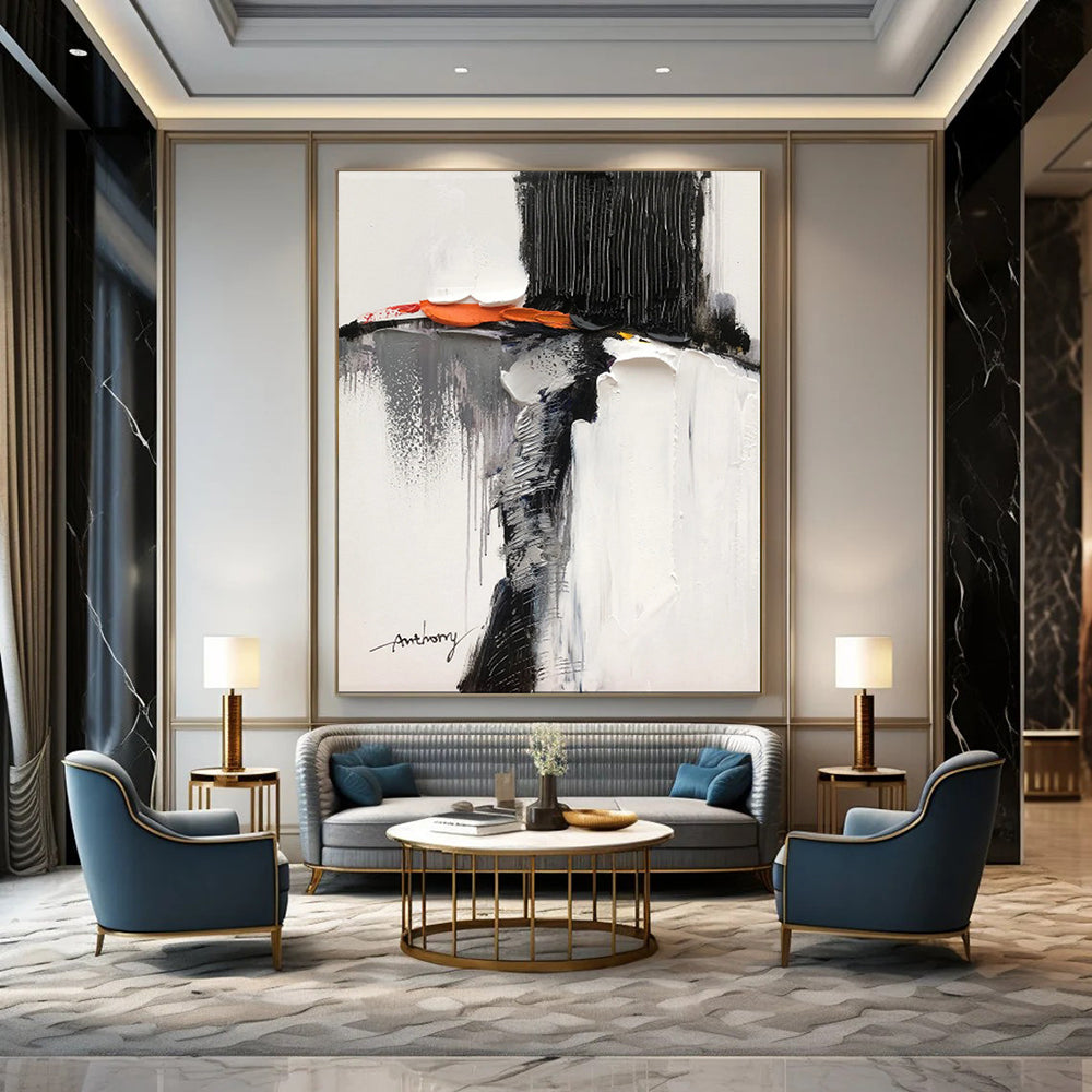 Black - White - Orange Abstract Mix, With a Nod to Clyfford Still's Style, Painting On Canvas PT2089