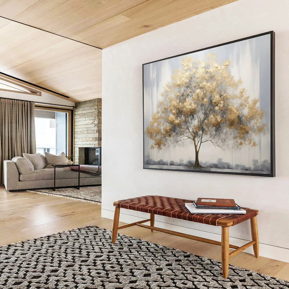 “Gold Tree on Gray” - Subtle Gold “Gilded Grove” Painting On Canvas PT1621