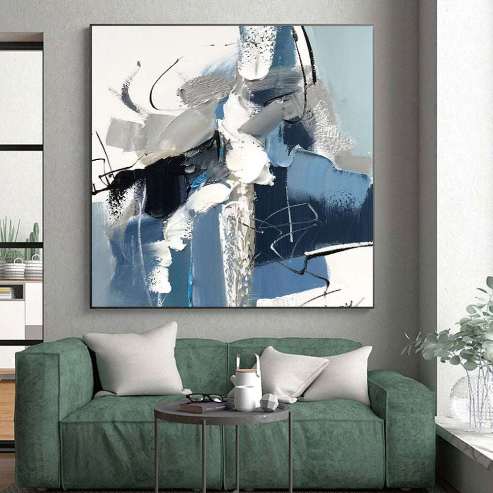 “Blue - Gray Abstract Composition” - Blue, Gray, White Abstract Expressionist Painting PS0771