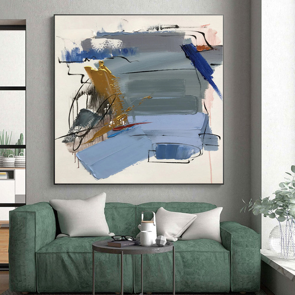 “Blue - Gold Dynamic Abstraction” - Blue, Gold, Gray, Red Abstract Painting On Canvas PS0505