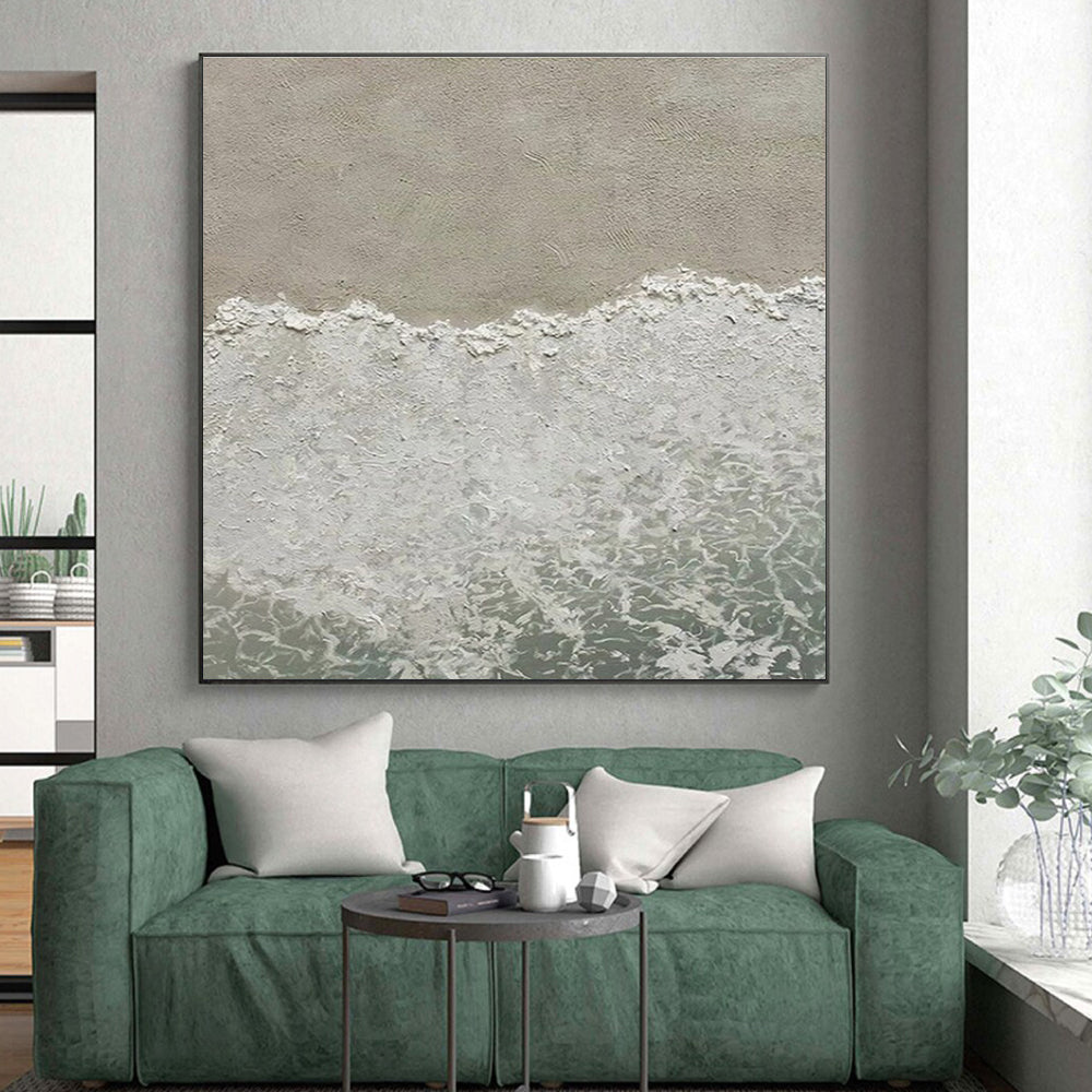 “Textured Beach Waves” - Beige, White, Blue Abstract Seascape Painting On Canvas PS0678