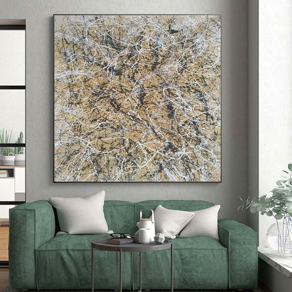 Tangled White - Black Strings, "Web of Dreams" – Drip - Painting Abstract On Canvas PS0906