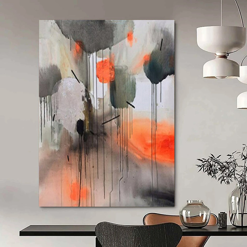 Gray, Orange, and Black Dripping, "Urban Rhythm" – Abstract Expressionist Painting On Canvas PS1005