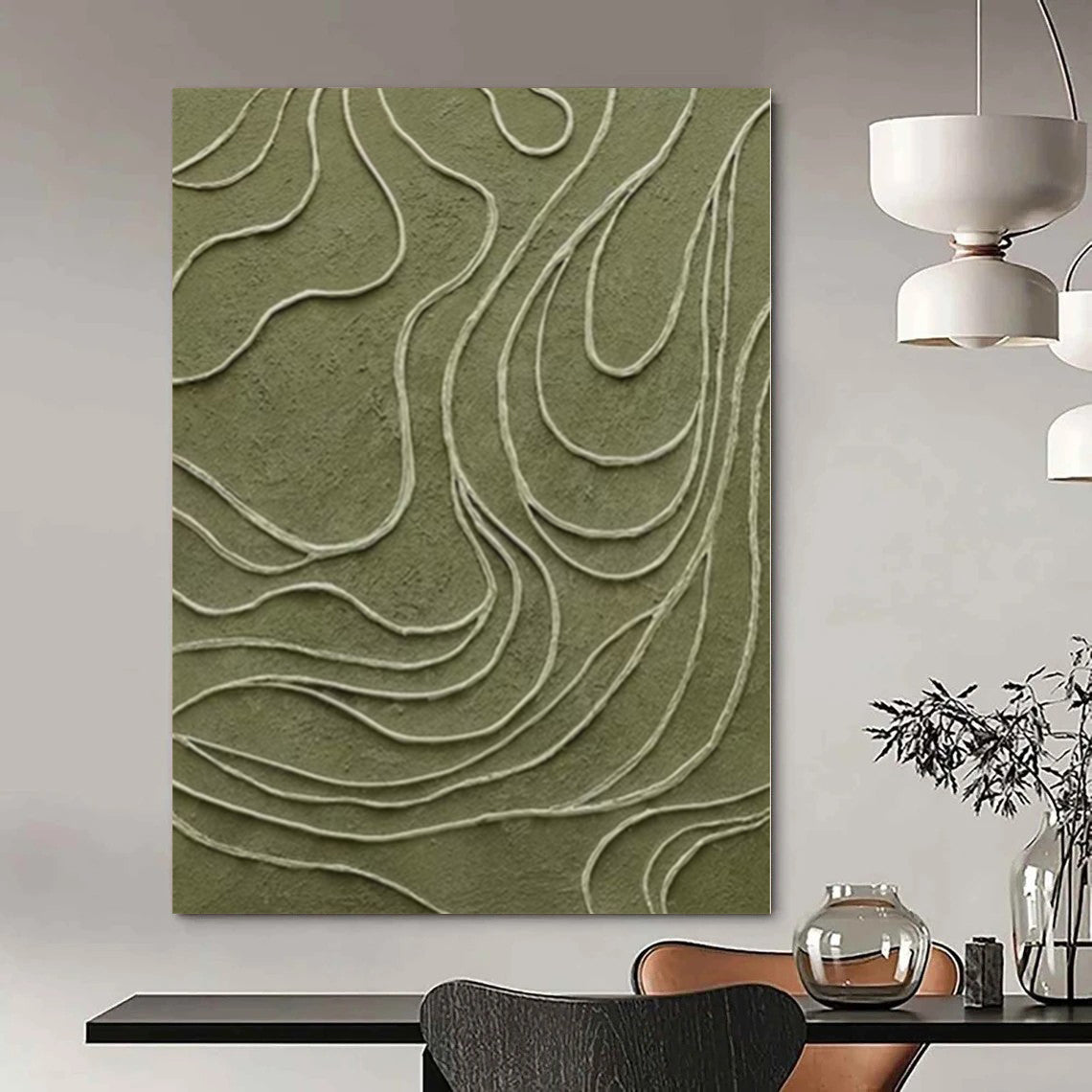 “Olive Green with White Curved Lines” - Textured Abstract Painting On Canvas PS0144