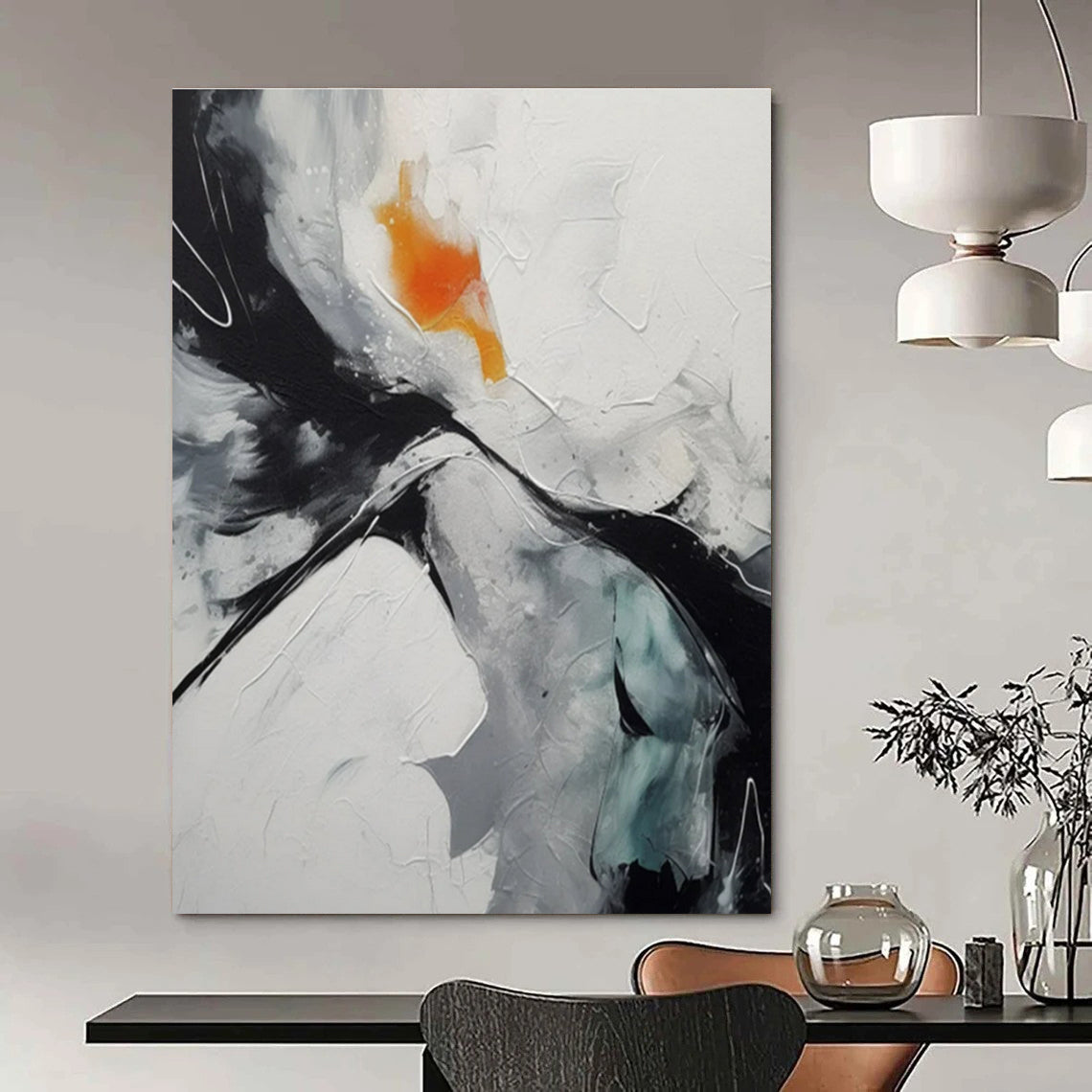 Black, White, Gray, Orange, Teal with Dynamic Strokes "Vivid Fusion" Abstract Painting On Canvas PS1464