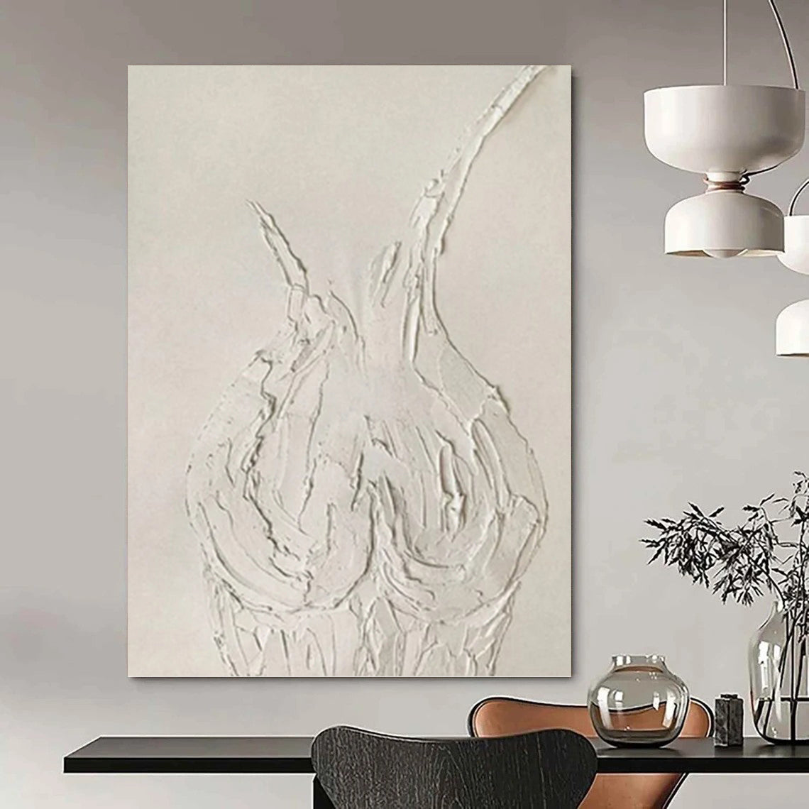 “White Textured Vase Abstract” - Sculptural Plaster Painting On Canvas PT0990