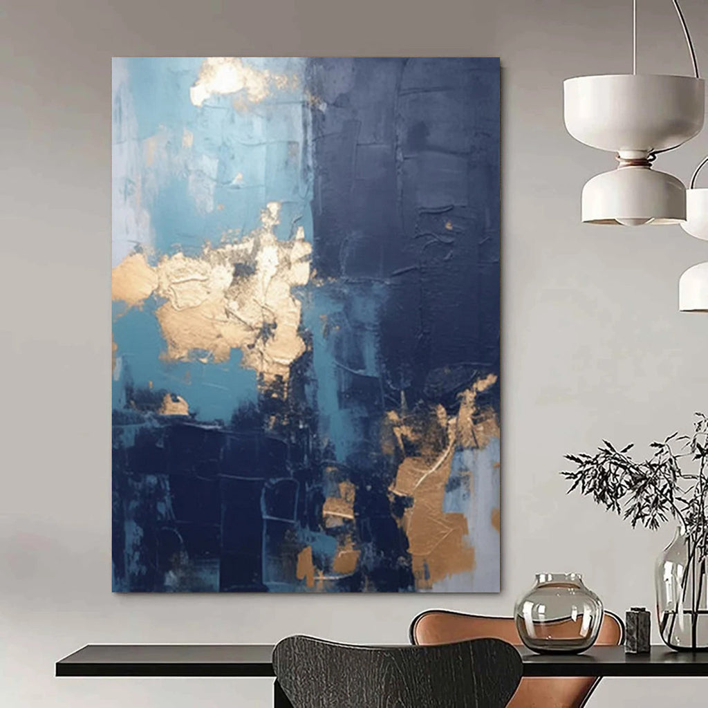 “Blue - Gold Fusion” - Textured Abstract with Metallic Accents Painting On Canvas DS130
