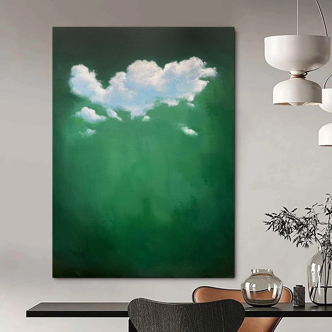 “White Clouds Over Green” - Surreal Cloud Painting On Canvas PT1990