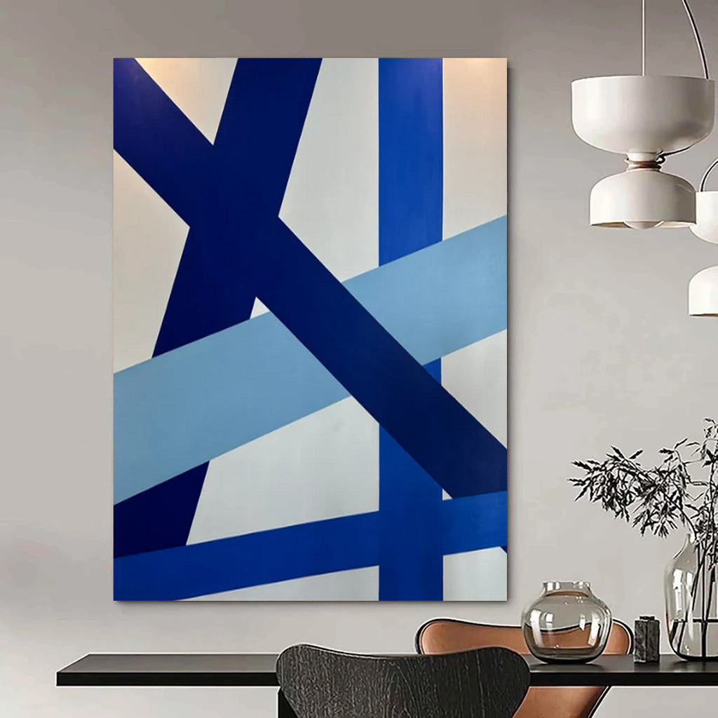 Blue and White Geometric, "Dynamic Crossroads" – Geometric Abstract Painting On Canvas PS0995