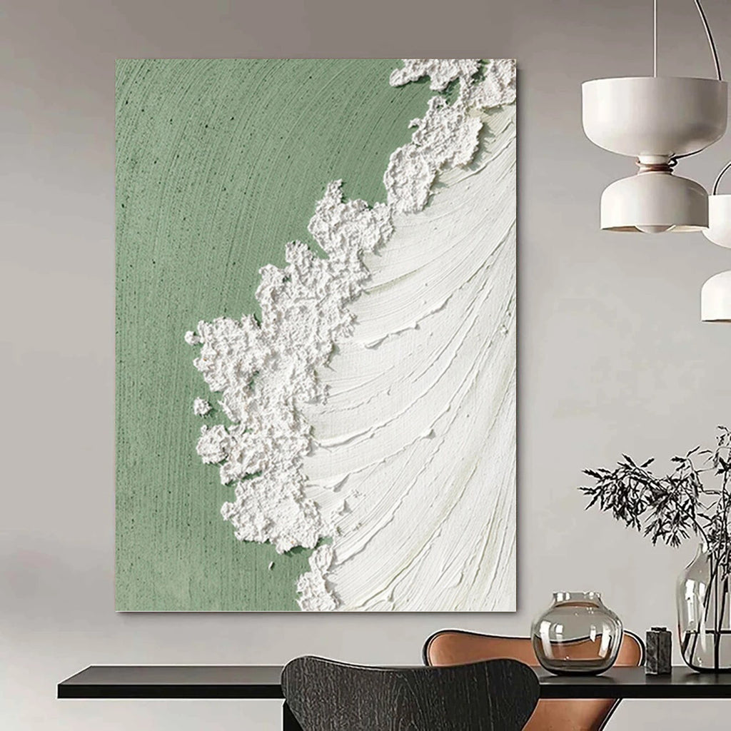 “Green and White Textured Abstract” - Abstract, Green - Accented Painting On Canvas PT1502