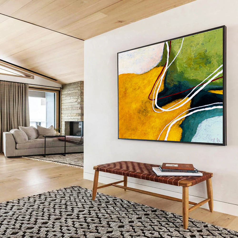 “Yellow, Green And Curved Lines Abstract” - Abstract Painting On Canvas DKS551