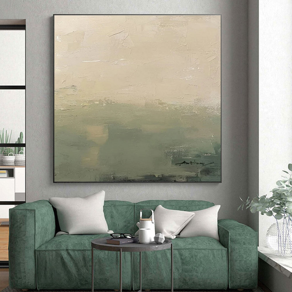 “Soft Green - Beige Gradient” - Beige, Green Abstract Landscape Painting On Canvas PS0657