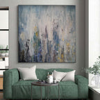 “Blue - Gray - Gold Rainfall Abstraction” - Blue, Gray, Gold, White Abstract Rain - like Painting On Canvas PS0561