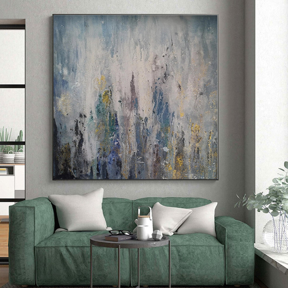“Blue - Gray - Gold Rainfall Abstraction” - Blue, Gray, Gold, White Abstract Rain - like Painting On Canvas PS0561