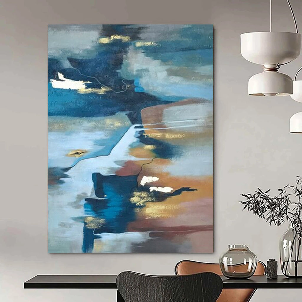 Blue, Gold, and Brown Fluid, "Ethereal Estuary" – Abstract Landscape Painting On Canvas PS1006