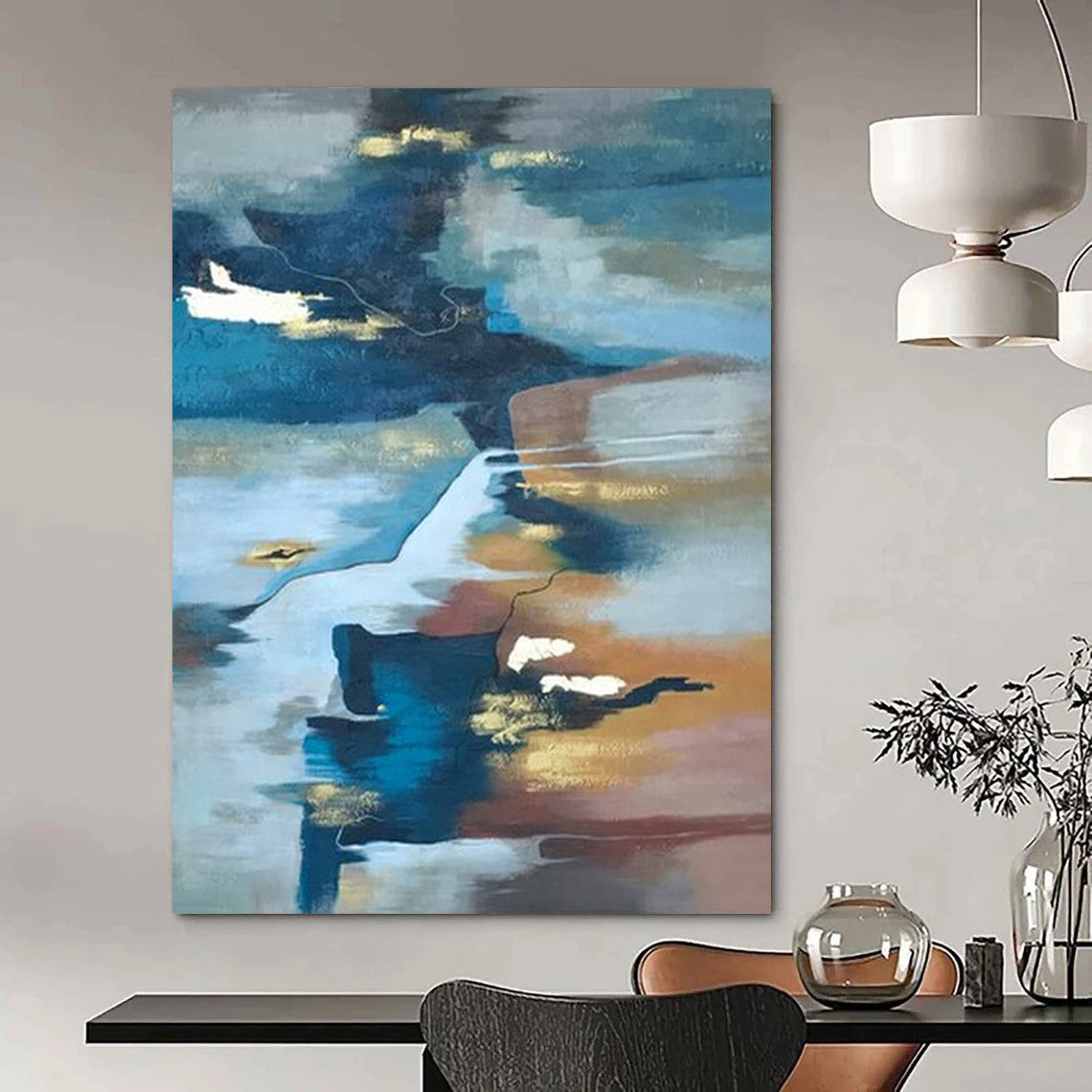 Blue, Gold, and Brown Fluid, "Ethereal Estuary" – Abstract Landscape Painting On Canvas PS1006