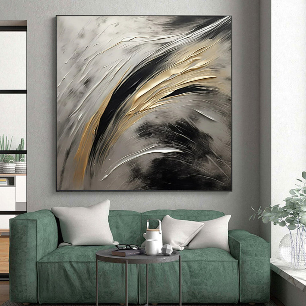 “Silver - Black - Gold Flowing Strokes” Painting On Canvas PS0834