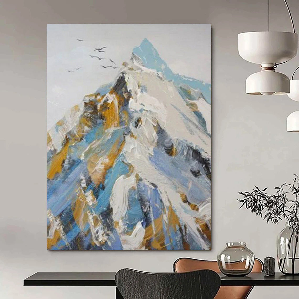 “Snowy Mountain: Blue, White, and Gold Abstract” - Bold Landscape Art On Canvas PT0955