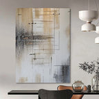 “Brown, Grey and White Linear Abstract” - Modernist Line Painting On Canvas PT0979