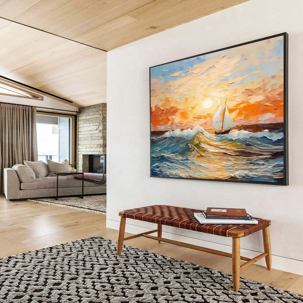 “Impressionistic Sunset Sailboat Seascape” - Impressionistic Seascape Painting, Perfect for Nautical - Themed Room & Living Room DKS625