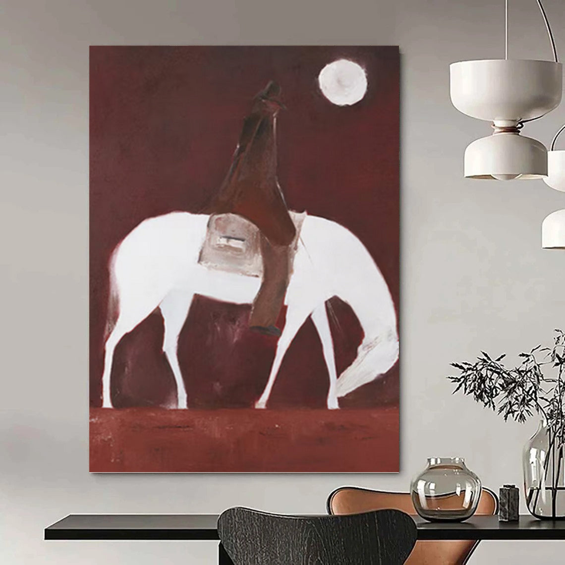 “Rider on White Horse in Red” - Minimalist - Inspired Figurative Painting On Canvas PT1425