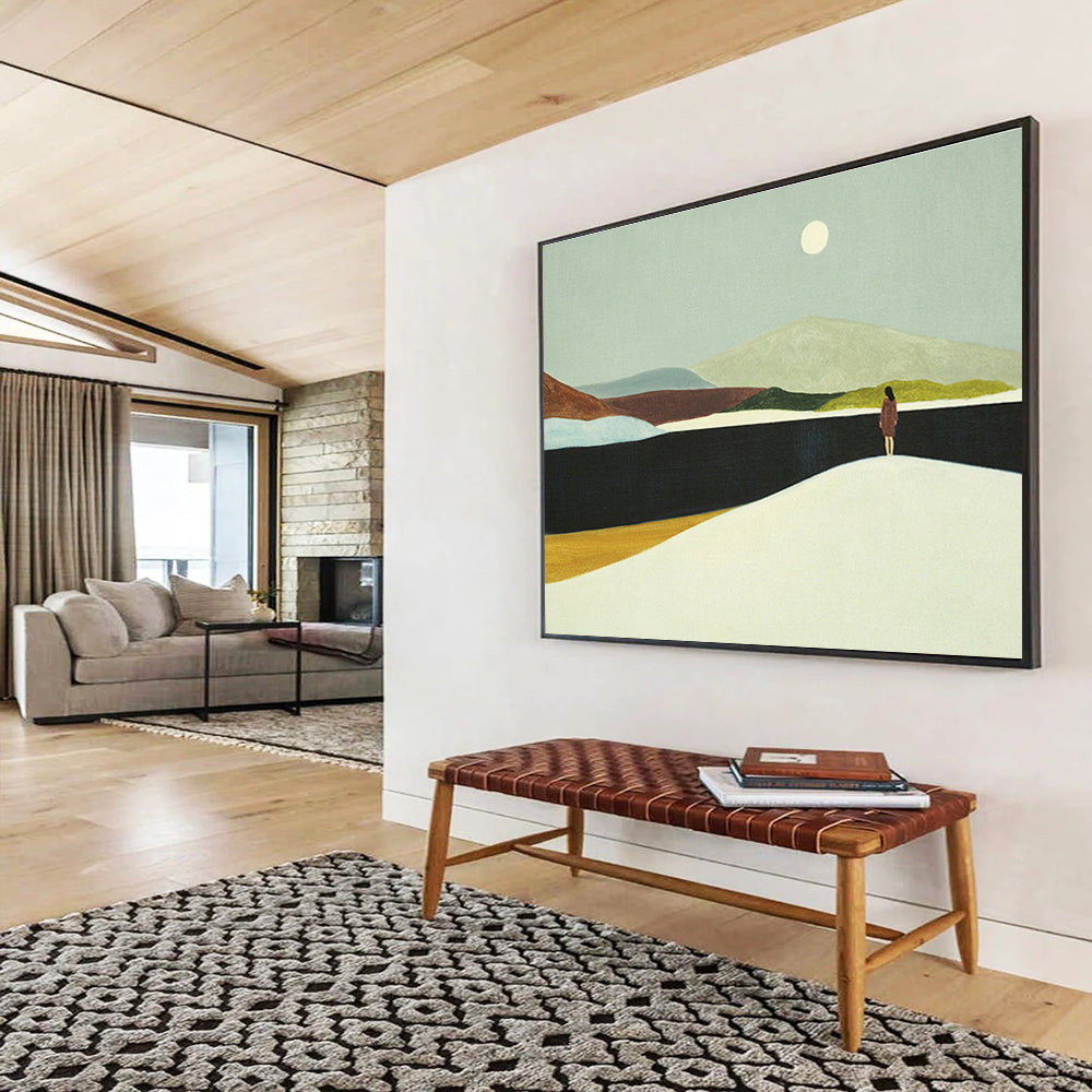 “Moonlit Lake Contemplation” - Blue, Green & Brown Landscape, Minimalist Oil Painting On Canvas DKS739