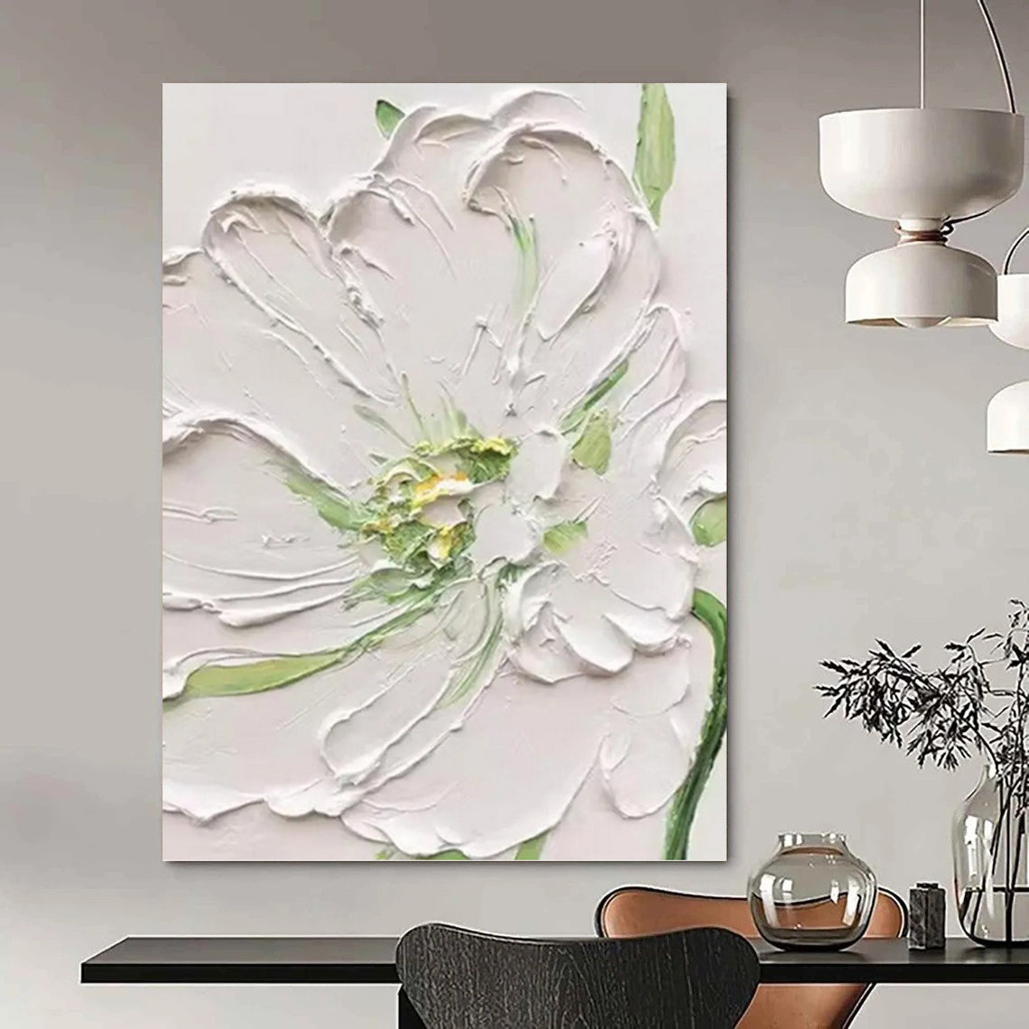 “White - Green Floral Relief” - Realist - Inspired Floral Painting On Canvas PT1398