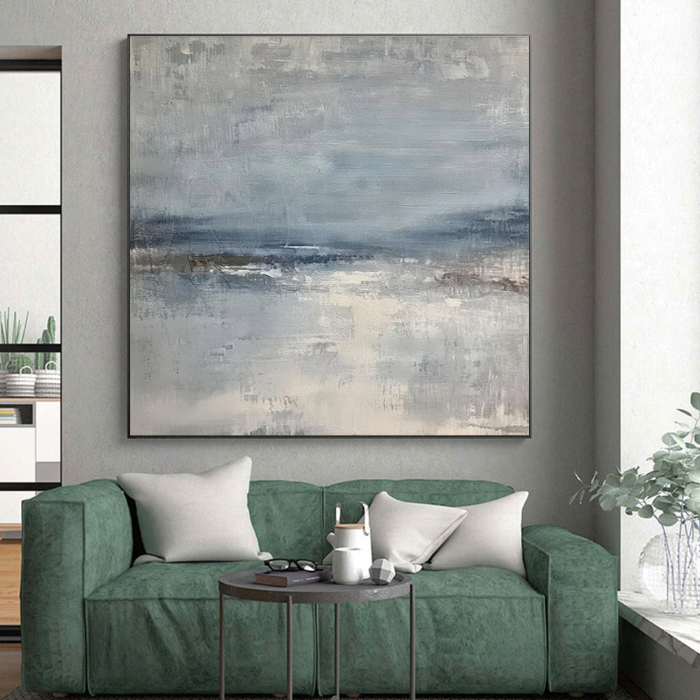 Blue, Gray & White Abstract Landscape "Misty Coast" Painting On Canvas PS0860