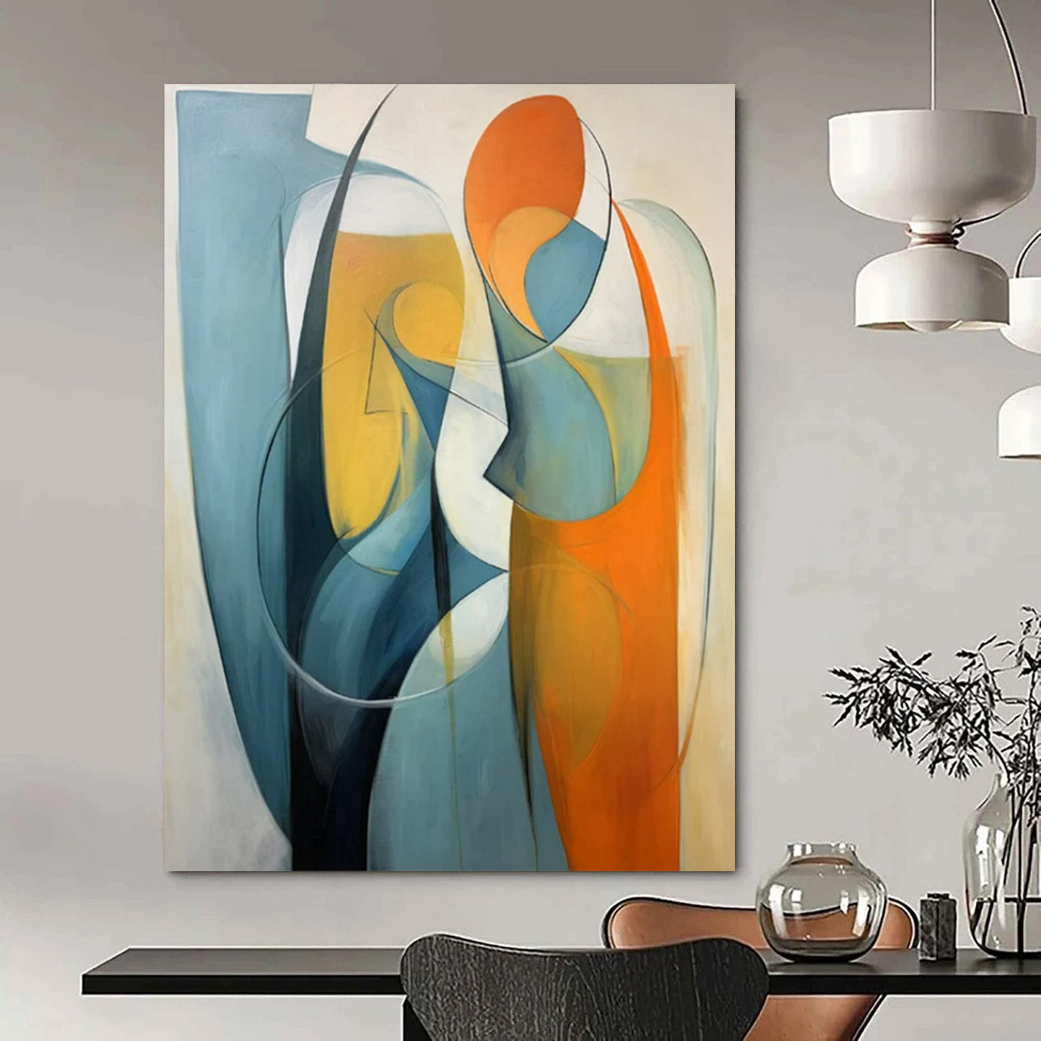 “Blue and Orange Abstract Figures” - Abstract Cubist Painting On Canvas PT2233