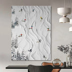 White, Colorful Figures with Textured Snow "Ski Slope Fun" Textured Painting On Canvas PS1401