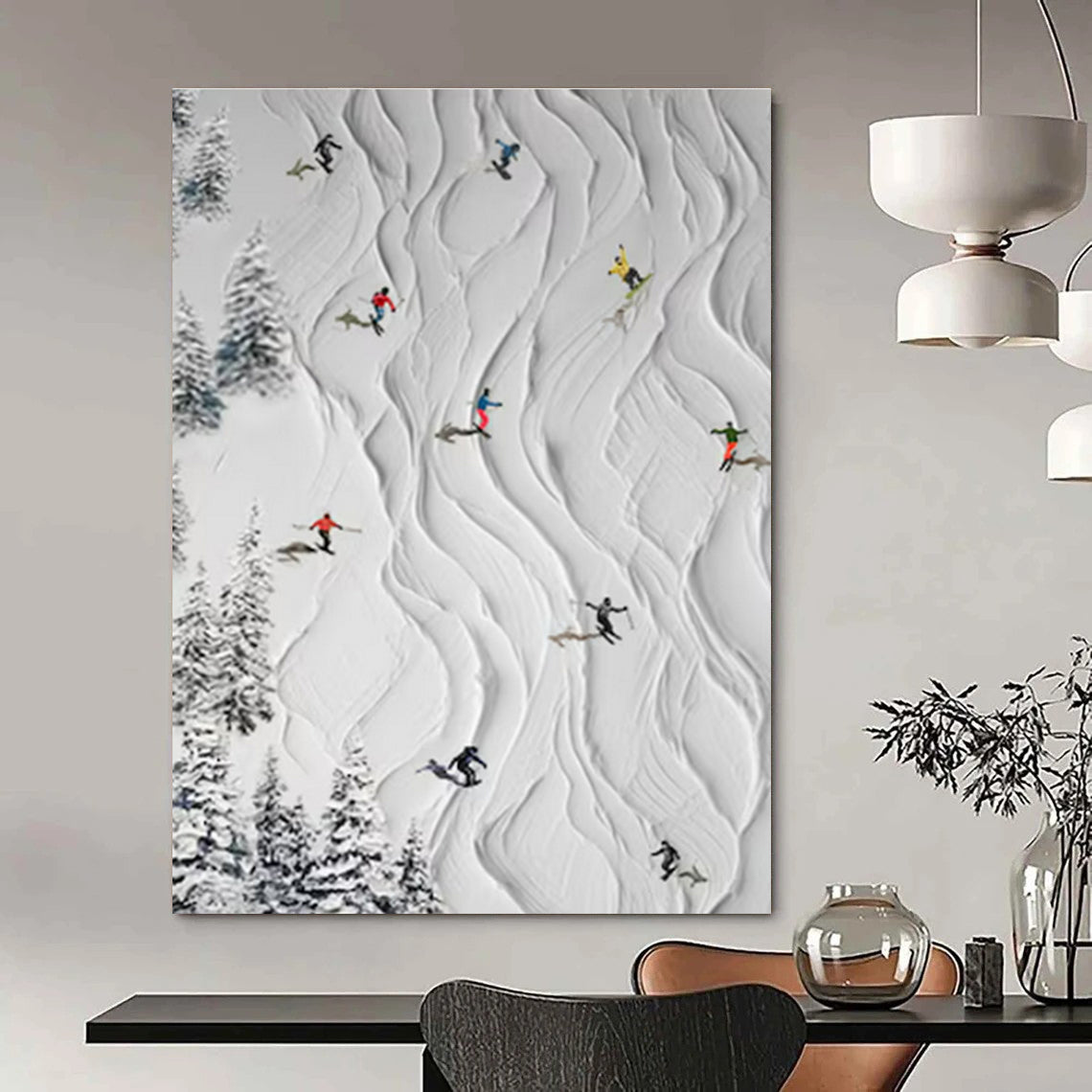 White, Colorful Figures with Textured Snow "Ski Slope Fun" Textured Painting On Canvas PS1401