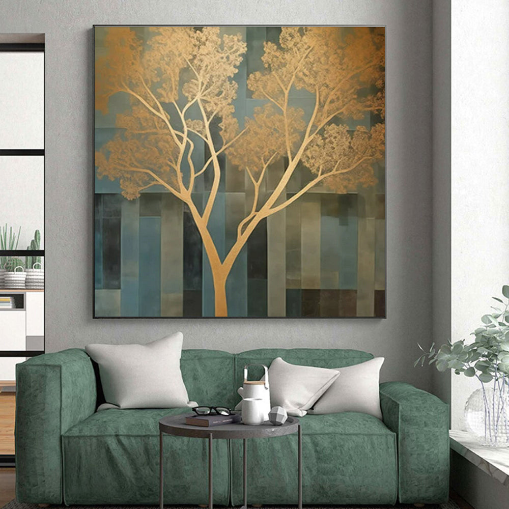 Gold & Blue Abstract Tree Painting On Canvas PS0827