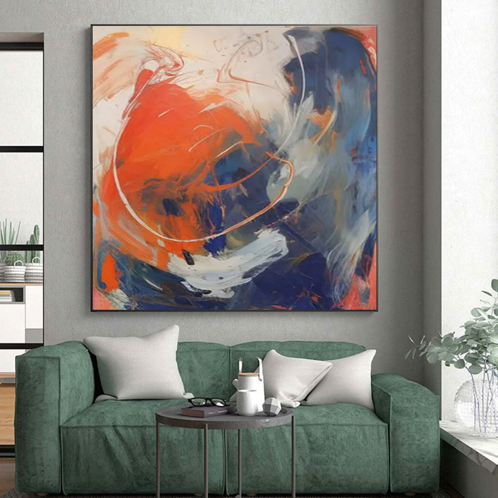 “Orange - Blue - White Abstract Swirling Forms” Painting On Canvas PS0843