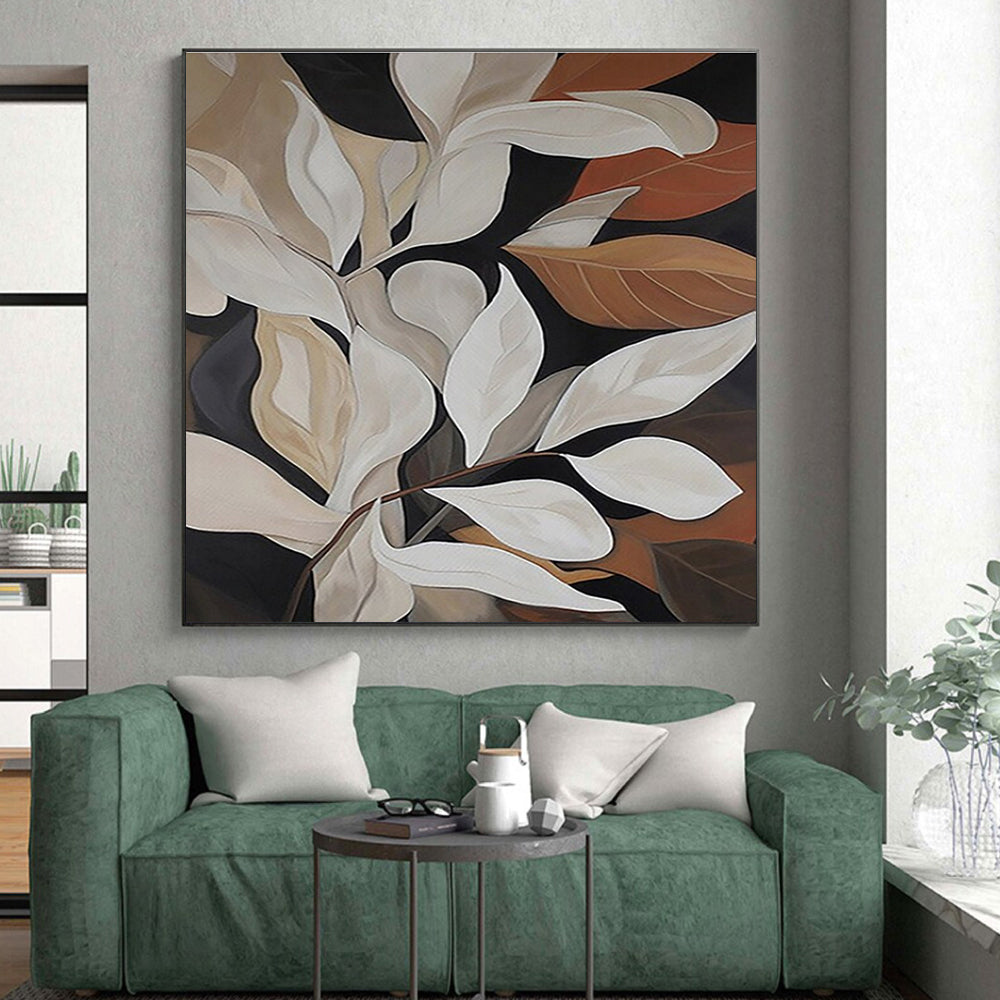 “Elegant White Leaves” - Black, White, Brown Abstract Floral Painting On Canvas PS0667
