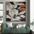 “Elegant White Leaves” - Black, White, Brown Abstract Floral Painting On Canvas PS0667