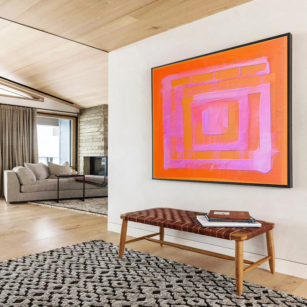 Pink and Orange Geometric Layers - Color Field Abstract Painting On Canvas DKS368