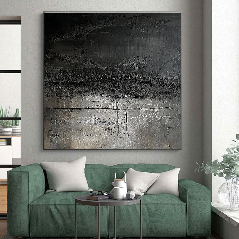 Black & Gray Textured Abstract "Midnight Ashes" Painting On Canvas PS0858