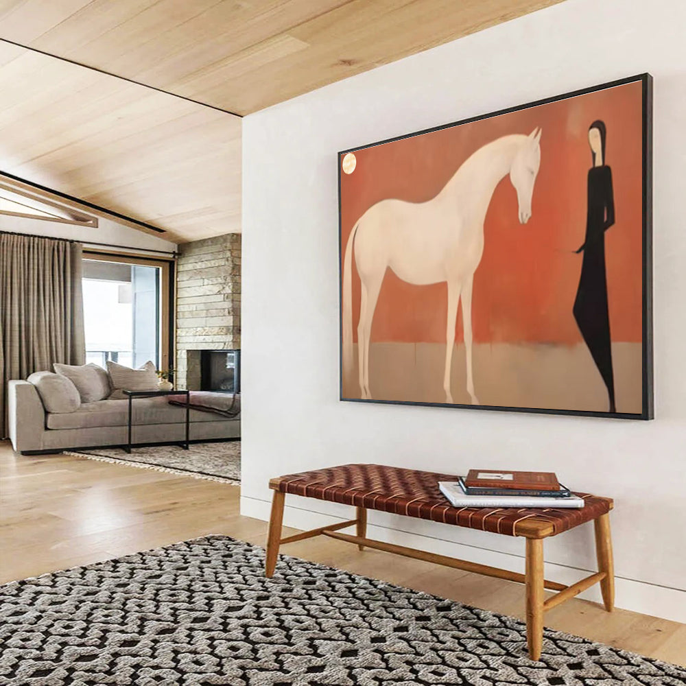 “Woman And Horse Silhouette” - Red, White & Black Figurative, Minimalist Painting On Canvas DKS730
