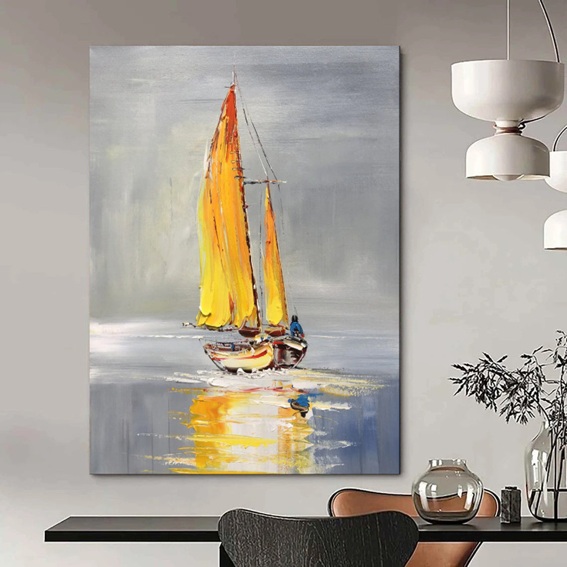 Yellow - Sailed Boat, Minimalist Maritime, Oil Painting On Canvas PT2096